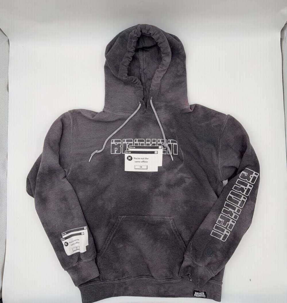 Broken Promises Error Message Mineral Wash Hoodie Grey Small Streetwear Graphic